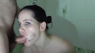 Hot bitch sucks dick and gets cum on her face&period; Sex service in the bathroom